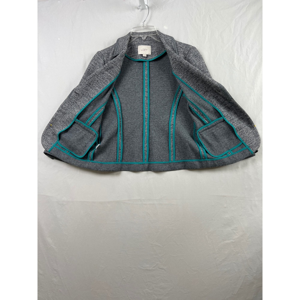 LOFT Blazer Women MP Gray Herringbone Cotton Wool Blend Two Button Professional - Picture 3 of 8